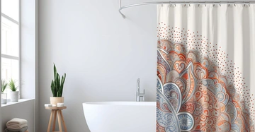 modernes Badezimmer, großes Fenster links, Holzhocker mit Pflanze davor, weiße moderne Wanne mit schön gemustertem, offenen Duschvorhang, der darüber hängt