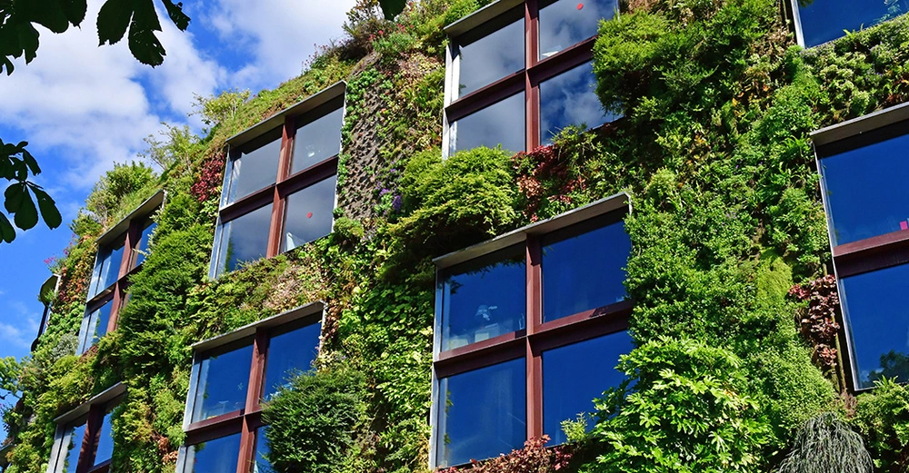 Ein Gebäude mit großen Fenstern ist mit vertikalem Garten bewachsen und spiegelt den blauen Himmel mit Wolken wider. Pflanzen und Blumen bedecken die Fassade. Umgeben von Bäumen und Blättern.