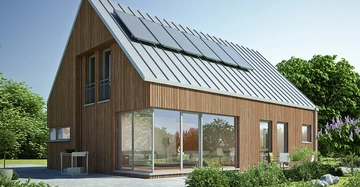 modernes Einfamilienholz mit Blechdach in wunderschöner Natur und sommerlichem Himmel.