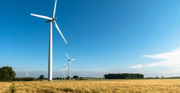 Windräder drehen sich in einem weiten Feld aus goldenem Roggen unter einem klaren blauen Himmel. Im Hintergrund sind Bäume und weitere Windräder zu sehen.