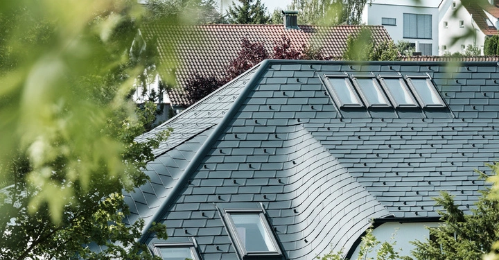 Schwarzes Schieferdach mit vier Dachfenstern und umliegender Vegetation im Vordergrund Dazu gibt es umgebende Häuser mit rot-gedeckten Dächern und grüne Bäume im Hintergrund