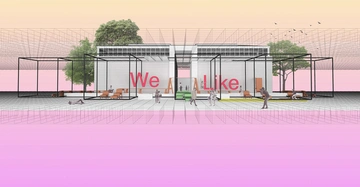 Gebäude mit weißer Fassade und großen Fenstern Text We Like Personen gehen herum in einer modernen offenen Struktur im Freien mit Bäumen unter einem pastellfarbenen Himmel mit Vogelgruppe