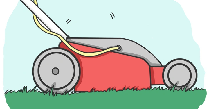 Rasenmäher mäht Gras auf einer Wiese bei Tageslicht.