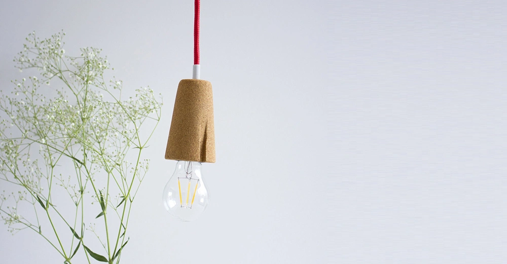 Glühbirne hängt von rotem Kabel an Korkfassung Pflanze mit kleinen weißen Blüten im Glas daneben vor weißem Hintergrund.