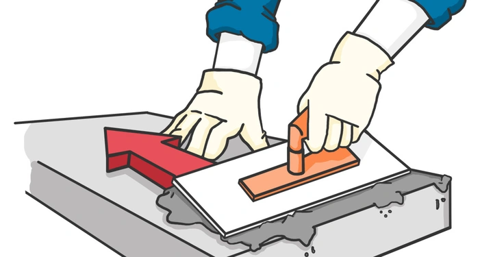 Hände in Handschuhen glätten mit einem Werkzeug Zement auf einer Oberfläche während ein roter Pfeil nach oben zeigt.