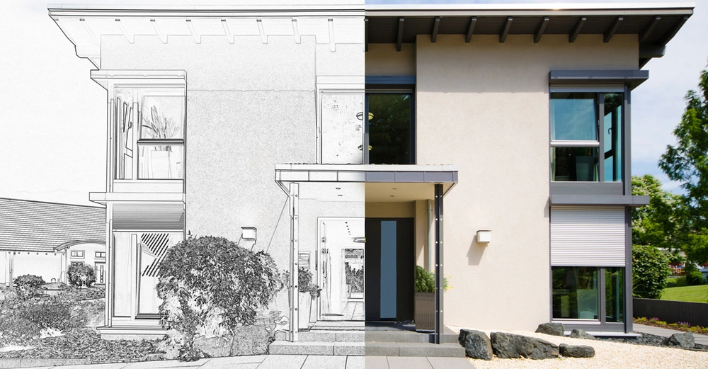 geteiltes Bild, links Bleistiftskizze eines Einfamilienhauses, rechts die reale Version des Hauses mit beigem Außenputz, Flachdach und großen Fensterflächen 