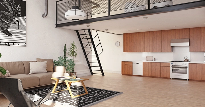 Ein gemütliches Wohnzimmer mit hellbraunem Sofa und modern gestalteter Küche im Hintergrund Metalltreppe führt zu einer oberen Ebene große Pflanze und Teppich im Wohnzimmer Kunstwerk an der Wand