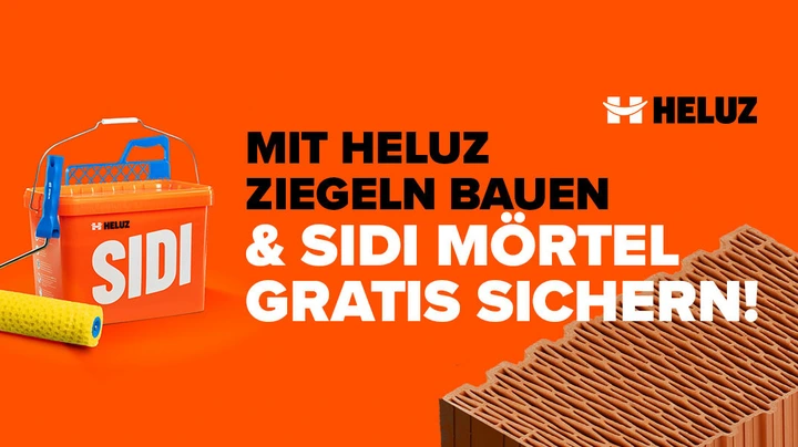 Galerie-Bild 1: Werbegrafik von HELUZ mit SIDI Mörtelkübel, Farbroller und Ziegeln auf orangem Hintergrund zur Gratis-Mörtel-Aktion beim Kauf von HELUZ-Ziegeln.