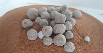 Eine Gruppe runder grauer Kugeln liegt auf einem Haufen braunem Sand in einer weißen Schale.