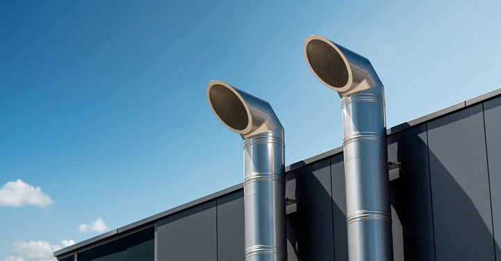 Außen- und Fortluftrohre aus Edelstahl an einer Gebäudefassade als sichtbarer Teil einer kontrollierten Wohnraumlüftung für konstant gute Raumluft.