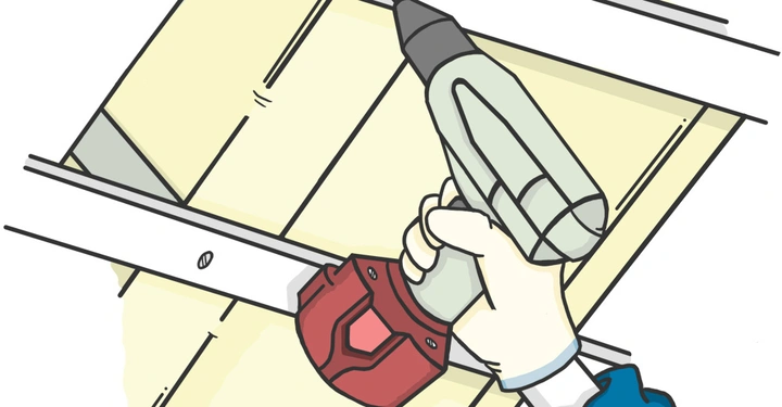 Eine behandschuhte Hand hält einen Bohrer, befestigt eine Schraube an einer Metallverstrebung und Paneele in einem Bau- oder Heimwerkerkontext