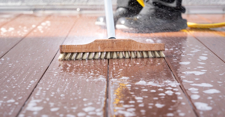 Reinigung von WPC Terrassendielen: Mit einem Schrubber und Wasser wird der Terrassenboden gründlich gesäubert, um die Oberfläche zu pflegen und zu erhalten.