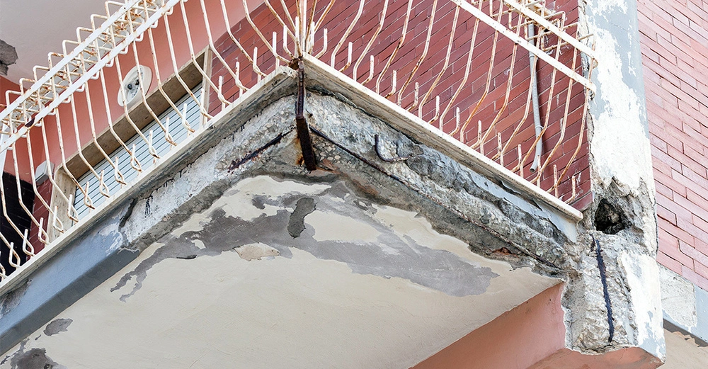Balkon mit rissigem Beton. Sanierungsbedürftiger Außenbereich zeigt typische Schäden vor der Balkonsanierung.