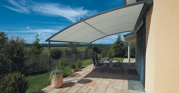 Überdachte Terrasse mit Tisch und Stühlen im Garten neben einem Haus in ländlicher Umgebung mit freiem Blick auf grüne Landschaft und einen hellblauen Himmel mit leichter Bewölkung.
