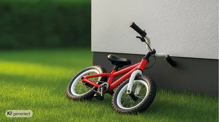 Galerie-Bild 3: KI generiertes Bild von einem Haussockel, an demein Kinderfahrrad lehnt.