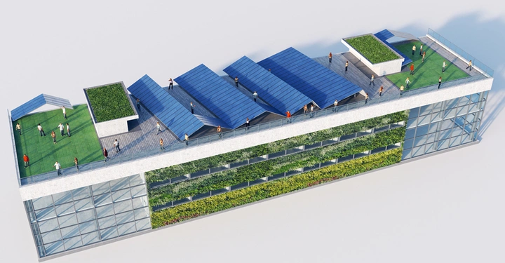 Mehrstöckiges Gebäude mit Solarpanels auf dem Dach, mehreren Personen auf einem begrünten Dach und vertikalen Gärten an der Fassade, umgeben von einer hellen Umgebung