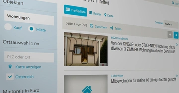 Der Bildschirm zeigt eine Wohnungssuchseite Wien mit Optionen für Kauf oder Miete Filter für Ort und Mietpreis Wohnungen in Österreich Miete 77771 Treffer Seite 1 von 778 6020 Innsbruck.