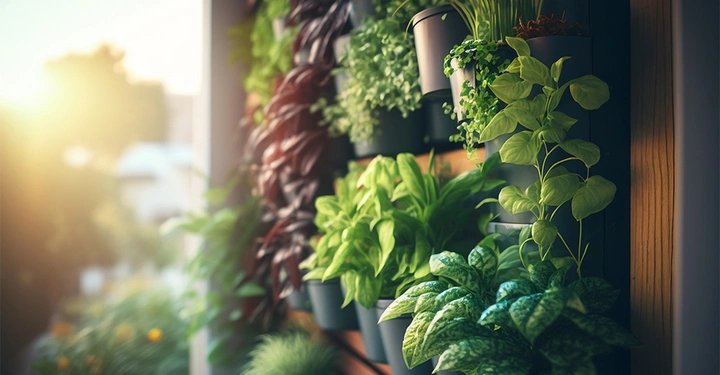 Verschiedene Pflanzen wachsen in Blumentöpfen an einer vertikalen Wand im Freien im Sonnenlicht bei Tagesanbruch