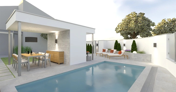 Freiluftpavillon mit Esstisch und Stühlen unter Überdachung stehend neben einem rechteckigen Pool im modernen Garten mit Liegestühlen und Pflanzen.