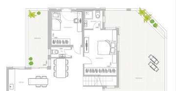 Grundriss zeigt ein Schlafzimmer und ein Kinderzimmer mit Betten, ein Badezimmer mit Dusche, ein WC und eine Küche mit Esstisch im angrenzenden Wohnbereich und zwei Balkone mit Pflanzen. Text im Bild: - childroom - balcony - shower - bedroom - kithen - WC