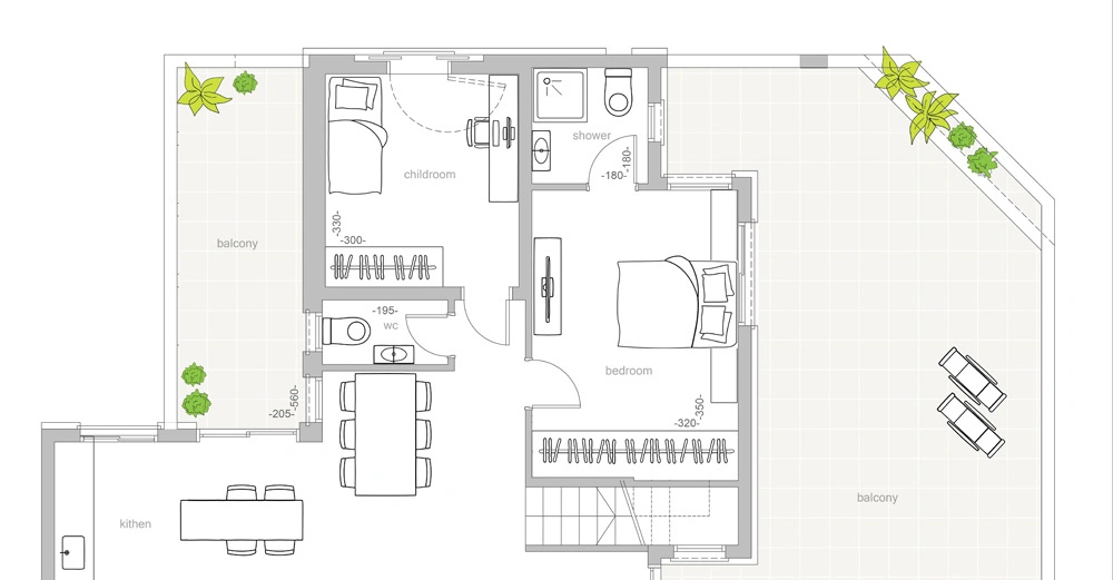 Grundriss zeigt ein Schlafzimmer und ein Kinderzimmer mit Betten, ein Badezimmer mit Dusche, ein WC und eine Küche mit Esstisch im angrenzenden Wohnbereich und zwei Balkone mit Pflanzen. Text im Bild: - childroom - balcony - shower - bedroom - kithen - WC