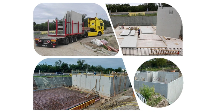 Betonplatten werden auf einem LKW transportiert Baustellenarbeiter platzieren Betonplatten auf einer Fundamentstruktur Baustelle mit errichteten Betonwänden Baustelle mit Bewehrungsstahl und Betonwänden im Freien