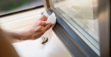 Hand reinigt ein Fensterrahmen mit einem Tuch in einem häuslichen Umfeld.