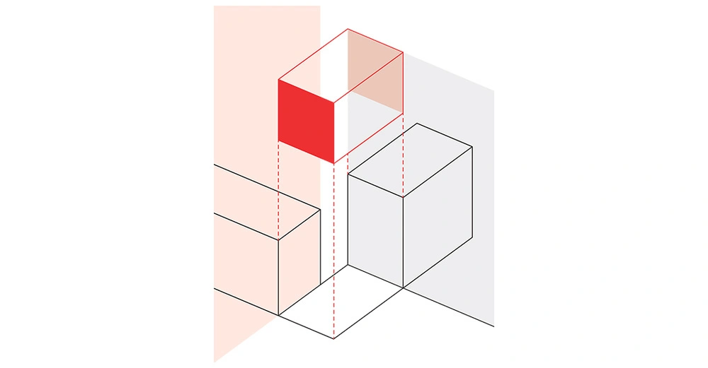 Ein roter Würfel schwebt über zwei schwarz umrandeten Würfeln. Rote gestrichelte Linien verbinden den roten Würfel mit einem der unteren Würfel. Hintergrund schattiert in rosa und grau.