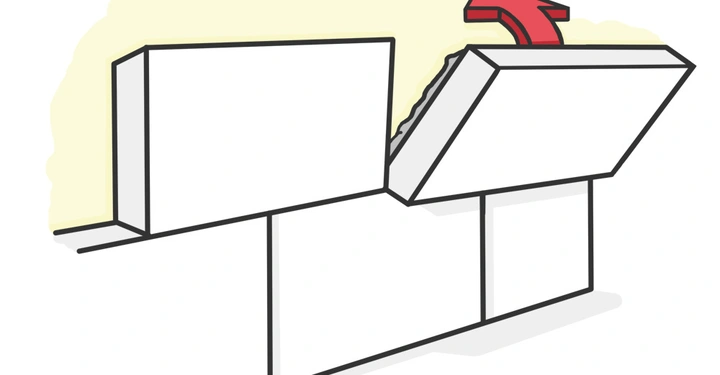 Weiße Klappe wird geöffnet in einer gelben Umgebung ein roter Pfeil zeigt den Bewegungs- oder Öffnungsmechanismus an die Klappe ist in eine weiße Wand eingebaut.