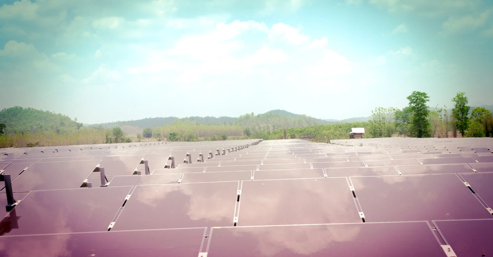 Solarmodule absorbieren Sonnenlicht in einem weiten offenen Feld unter einem bewölkten Himmel umgeben von Bäumen und Hügeln in der Ferne.