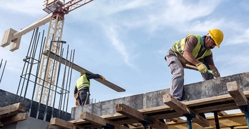 Zwei Bauarbeiter tragen Schutzhelme und Sicherheitswesten arbeiten auf einer Baustelle der eine hebt ein Holzbrett der andere hämmert auf eine Betonform im Hintergrund befindet sich ein Kran.