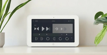 Soundstation für Multiroom-System steht auf weißem Sideboard. Links und rechts zwei dunkeltgrüne Zimmerpflanzen. Sonst leeres Bild.