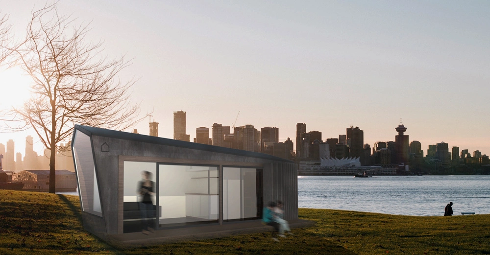 Ein kleines modernes Gebäude steht auf einer grünen Wiese mit Blick auf eine Stadtlandschaft. Eine Person im Gebäude bewegt sich während Kinder draußen spielen.