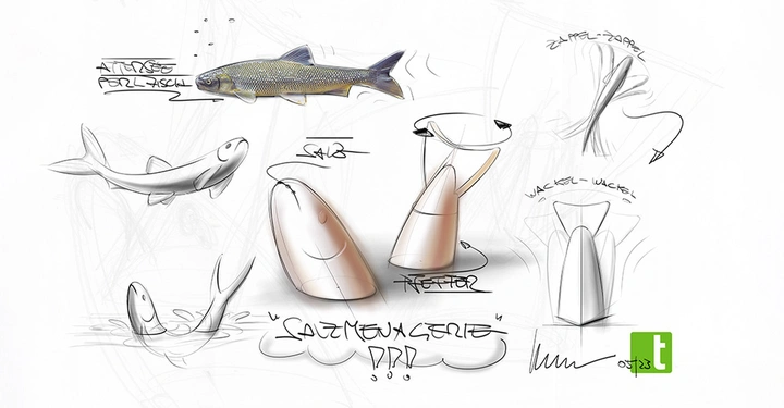 Fischskizzen und Salzstreuerentwürfe in verschiedenen Posen von schwimmenden, springenden Fischen mit handgeschriebenen Notizen Attitüde Perl Fisch Salz Pfeffer Zappel Wackel Salzmenagerie t.