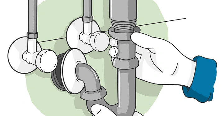 Hände schrauben ein graues Rohr in eine Rohrverschraubung unter einem Waschbecken fest. Die Umgebung zeigt zwei Wasseranschlüsse an einer Wand.