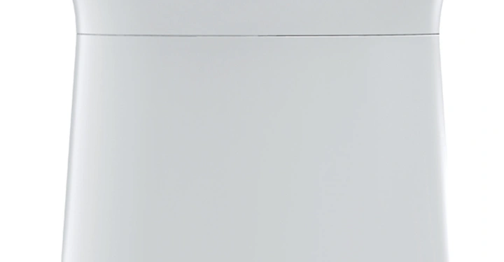 Weißer Blumentopf mit grüner Basis zeigt einen durchsichtigen Wasserstandsanzeiger an der Seite der in einer Skala von 0 bis 6 cm gemessen wird Text: airy