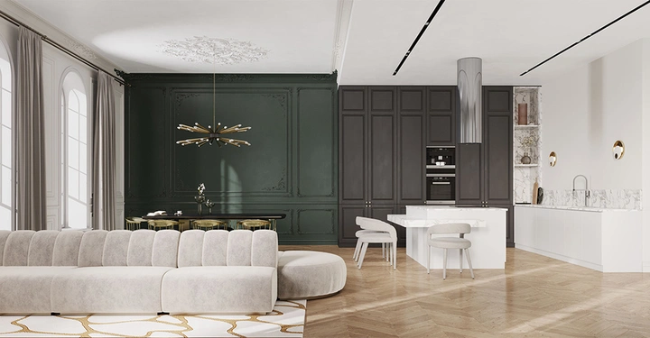 Galerie-Bild 3: Ein spannender Kontrast: verspielter Stuck an der Decke, klare Linien bei Mobiliar und Einrichtung.