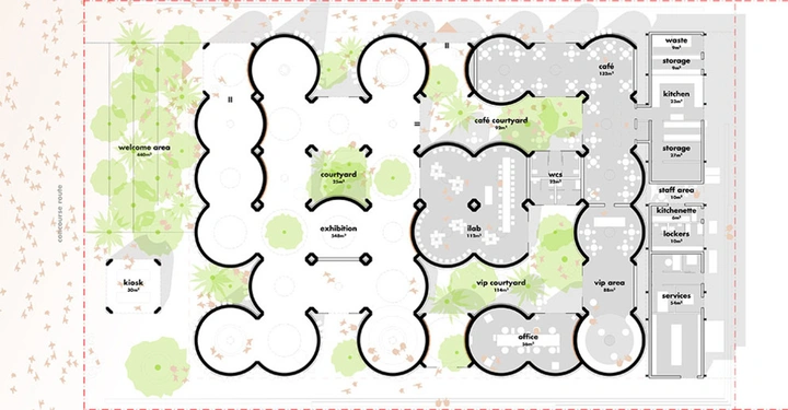 Galerie-Bild 8: Grundriss eines einstöckigen Gebäudes zeigt verschiedene Räume und Bereiche. Links befindet sich der Eingangsbereich 60m² und ein Kiosk 30m². Zentral ist ein Ausstellungsgelände 348m² umgeben von Innenhöfen. Rechts befinden sich ein Café 122m² Lagerräume Küchen und Lounge-Bereiche.