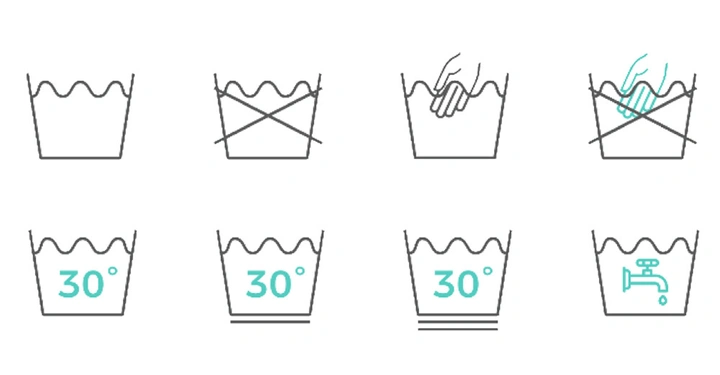 Waschsymbol Schale zeigt verschiedene Handlungen und Bedingungen Manuell Waschen Nicht Handwaschen Dreifarbig Waschen bei 30 Grad Waschen 30 Grad mit Linie Waschen mit zwei Linien Handwäsche mit Wasserhahn Symbol