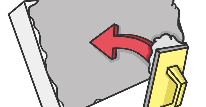 Das schwarze Dreieck am roten Pfeil zeigt nach links Die gelbe Kelle mit Griff macht Ausbreitungsbewegungen in grauen Beton auf weißem Untergrund