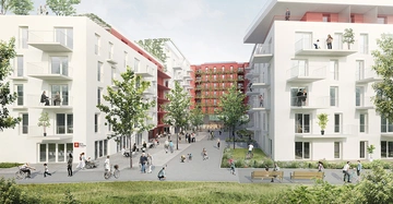 Mehrstöckige weiße Wohngebäude stehen sich gegenüber Menschen gehen spazieren unterhalten sich und spielen in einem begrünten Innenhof einige sitzen auf Balkonen in urbaner Umgebung.