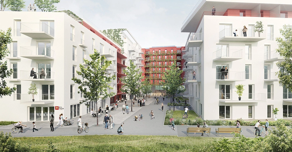 Mehrstöckige weiße Wohngebäude stehen sich gegenüber Menschen gehen spazieren unterhalten sich und spielen in einem begrünten Innenhof einige sitzen auf Balkonen in urbaner Umgebung.