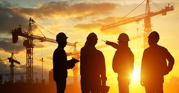 Vier Bauarbeiter stehen im Gespräch auf einer Baustelle während des Sonnenuntergangs im Hintergrund sind mehrere Kräne und Wolken am Himmel