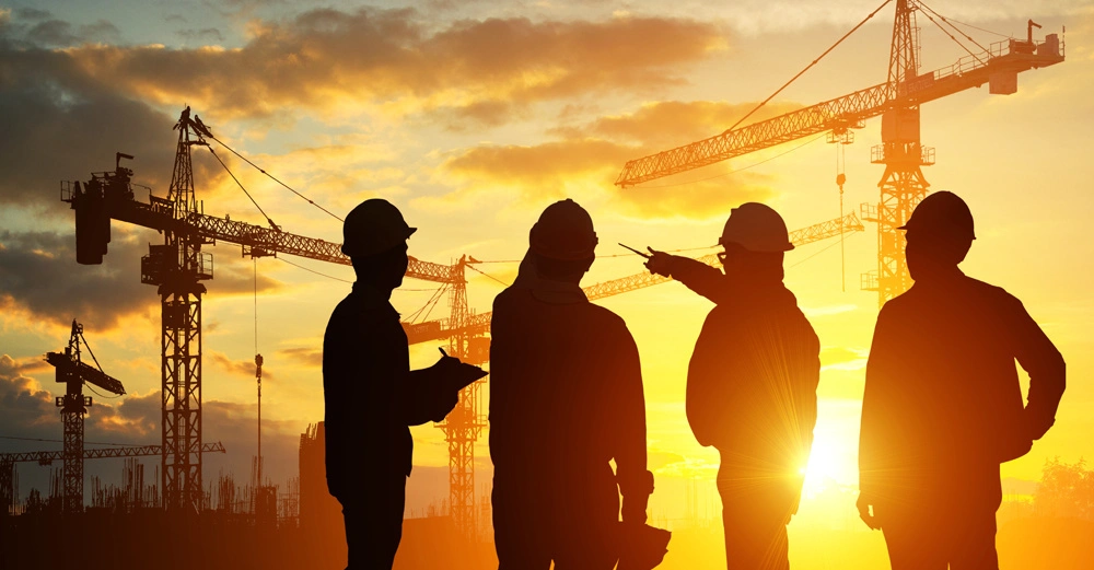 Vier Bauarbeiter stehen im Gespräch auf einer Baustelle während des Sonnenuntergangs im Hintergrund sind mehrere Kräne und Wolken am Himmel