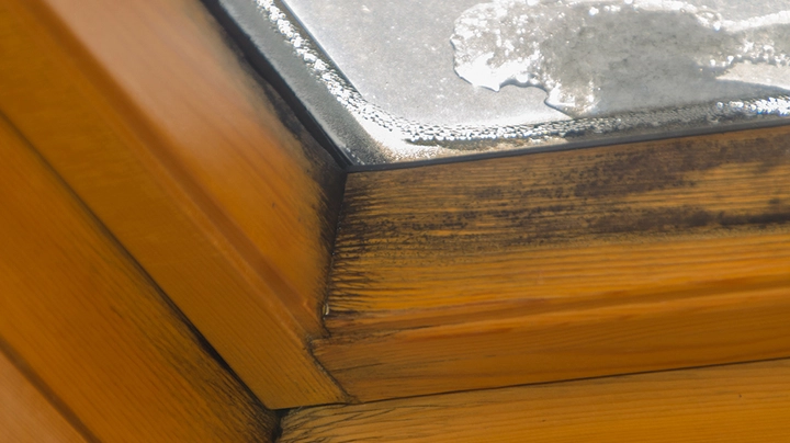 Großaufnahme von schwarzem Schimmel an Dachfenster durch Feuchtigkeit