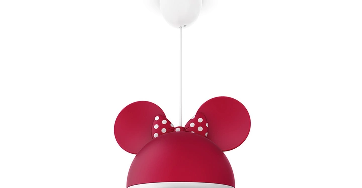 Galerie-Bild 8: Rote Deckenlampe mit großen runden Ohren und einer gepunkteten Schleife hängt von einer weißen Decke in einem minimalistischen Raum herab.