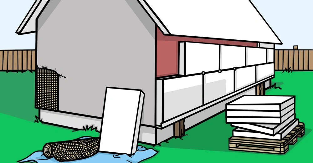 Scribble eines Einfamilienhauses auf grüner Wiese, Dämmplatten für Vollwärmeschutz zum Teil schon angebracht, rechts steht noch eine Palette mit Dämmplatten