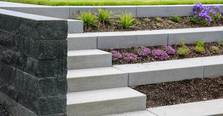 Steinstufen führen nach oben umgeben von blühenden Pflanzen in Beeten und einer grasbewachsenen Fläche auf der oberen Ebene. Eine gemauerte Mauer aus grauem Stein bildet die seitliche Begrenzung.