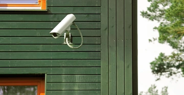 Überwachungskamera befestigt an einer dunkelgrünen Holzfassade Gebäude mit orangem Fensterrahmen umliegende Bäume im Hintergrund.
