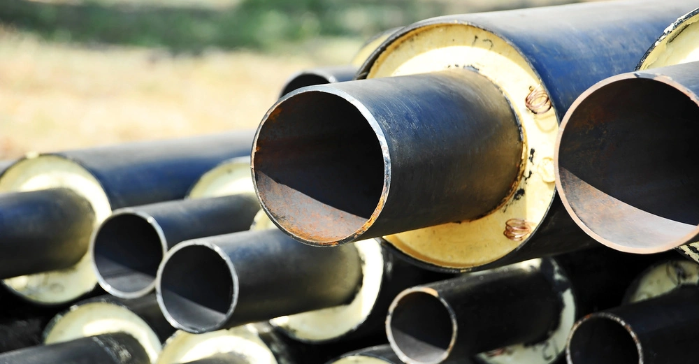 Ein Stapel von isolierten schwarzen Rohren liegt im Freien aufeinander gestapelt in einer grasbewachsenen Umgebung bei Tageslicht